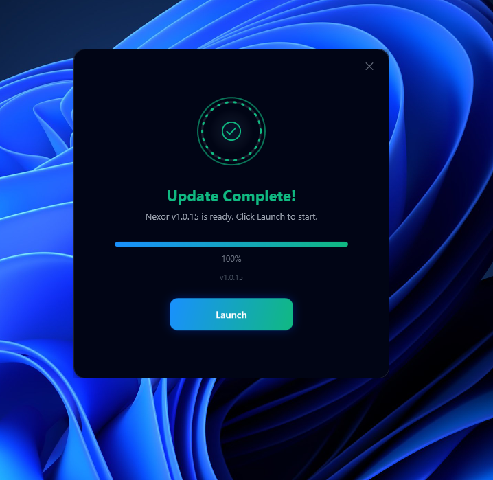 Update complete dialog — Nexor v1.0.15 at 100%, click Launch to start